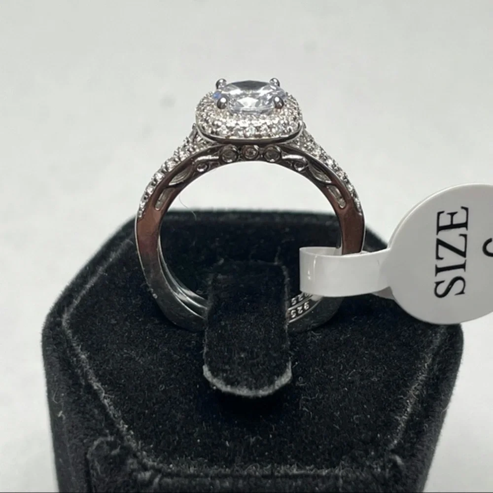925 Sterling Silver Diamond 2 Band Ring‎ Set Sz 6